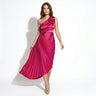 One Shoulder Midi Dress with Pleated Skirt and Rosette Accent