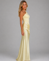 Close-up of the asymmetric one shoulder neckline and satin-look fabric