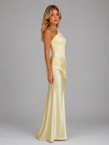 Close-up of the asymmetric one shoulder neckline and satin-look fabric