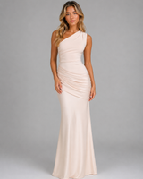 Three-quarter view of the bodycon silhouette and maxi-length skirt