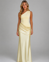 Front view of a one shoulder satin-look ruched maxi dress with a flowing skirt