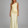 Front view of a one shoulder satin-look ruched maxi dress with a flowing skirt