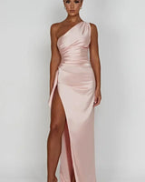 One-Shoulder Satin Maxi Dress with Ruched Waist and High Slit