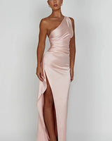 One-Shoulder Satin Maxi Dress with Ruched Waist and High Slit