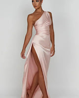One-Shoulder Satin Maxi Dress with Ruched Waist and High Slit