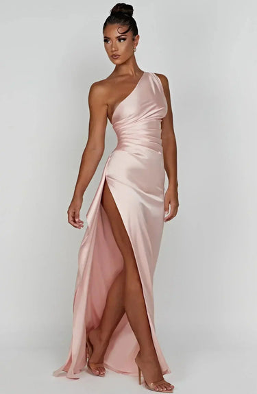 One-Shoulder Satin Maxi Dress with Ruched Waist and High Slit