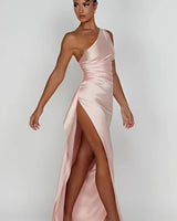 One-Shoulder Satin Maxi Dress with Ruched Waist and High Slit