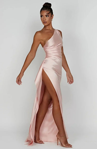 One-Shoulder Satin Maxi Dress with Ruched Waist and High Slit