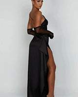 One-Shoulder Satin Maxi Dress with Ruched Waist and High Slit