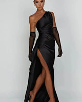 One-Shoulder Satin Maxi Dress with Ruched Waist and High Slit