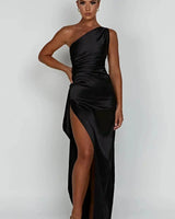 One-Shoulder Satin Maxi Dress with Ruched Waist and High Slit