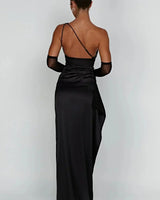 One-Shoulder Satin Maxi Dress with Ruched Waist and High Slit