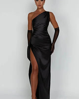 One-Shoulder Satin Maxi Dress with Ruched Waist and High Slit