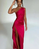 One-Shoulder Satin Maxi Dress with Ruched Waist and High Slit