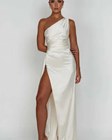 One-Shoulder Satin Maxi Dress with Ruched Waist and High Slit