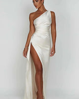 One-Shoulder Satin Maxi Dress with Ruched Waist and High Slit