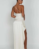 One-Shoulder Satin Maxi Dress with Ruched Waist and High Slit