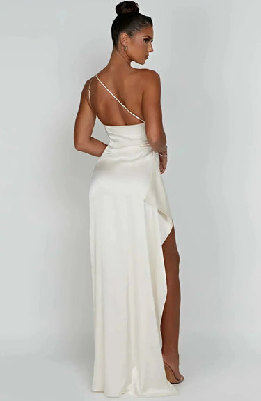 One-Shoulder Satin Maxi Dress with Ruched Waist and High Slit