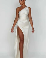 One-Shoulder Satin Maxi Dress with Ruched Waist and High Slit