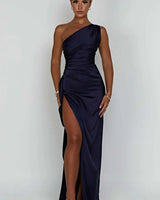 One-Shoulder Satin Maxi Dress with Ruched Waist and High Slit