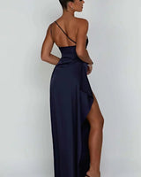 One-Shoulder Satin Maxi Dress with Ruched Waist and High Slit