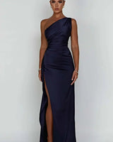 One-Shoulder Satin Maxi Dress with Ruched Waist and High Slit