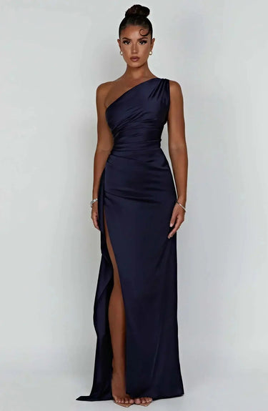 One-Shoulder Satin Maxi Dress with Ruched Waist and High Slit