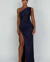 One-Shoulder Satin Maxi Dress with Ruched Waist and High Slit