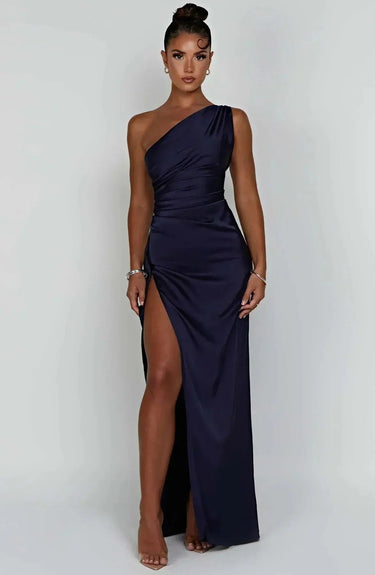 One-Shoulder Satin Maxi Dress with Ruched Waist and High Slit