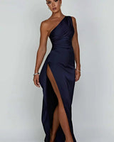 One-Shoulder Satin Maxi Dress with Ruched Waist and High Slit