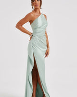 One-Shoulder Satin Maxi Dress with Ruched Waist and High Slit
