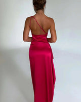One-Shoulder Satin Maxi Dress with Ruched Waist and High Slit