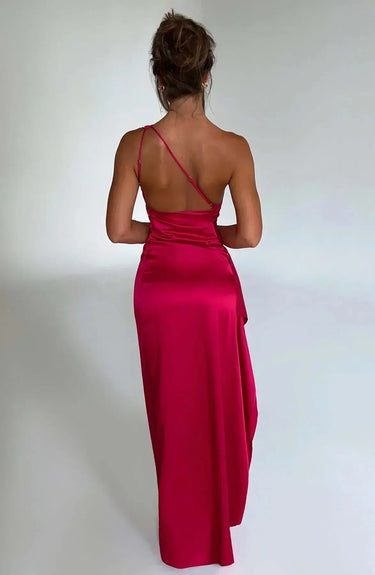 One-Shoulder Satin Maxi Dress with Ruched Waist and High Slit