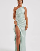 One-Shoulder Satin Maxi Dress with Ruched Waist and High Slit
