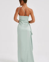 One-Shoulder Satin Maxi Dress with Ruched Waist and High Slit