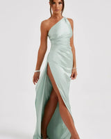One-Shoulder Satin Maxi Dress with Ruched Waist and High Slit