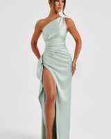 One-Shoulder Satin Maxi Dress with Ruched Waist and High Slit
