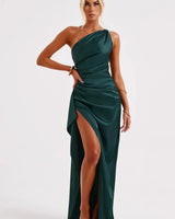 One-Shoulder Satin Maxi Dress with Ruched Waist and High Slit