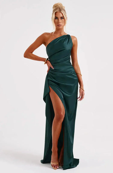 One-Shoulder Satin Maxi Dress with Ruched Waist and High Slit