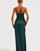 One-Shoulder Satin Maxi Dress with Ruched Waist and High Slit