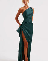 One-Shoulder Satin Maxi Dress with Ruched Waist and High Slit