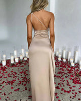One-Shoulder Satin Maxi Dress with Ruched Waist and High Slit