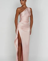 One-Shoulder Satin Maxi Dress with Ruched Waist and High Slit