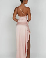One-Shoulder Satin Maxi Dress with Ruched Waist and High Slit
