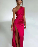 One-Shoulder Satin Maxi Dress with Ruched Waist and High Slit