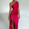 One-Shoulder Satin Maxi Dress with Ruched Waist and High Slit