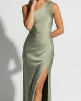 One Shoulder Satin Maxi Dress with Side Slit