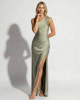 One Shoulder Satin Maxi Dress with Side Slit