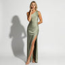 One Shoulder Satin Maxi Dress with Side Slit