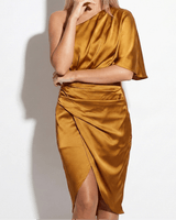One Shoulder Satin Midi Dress with Wrap Style Skirt